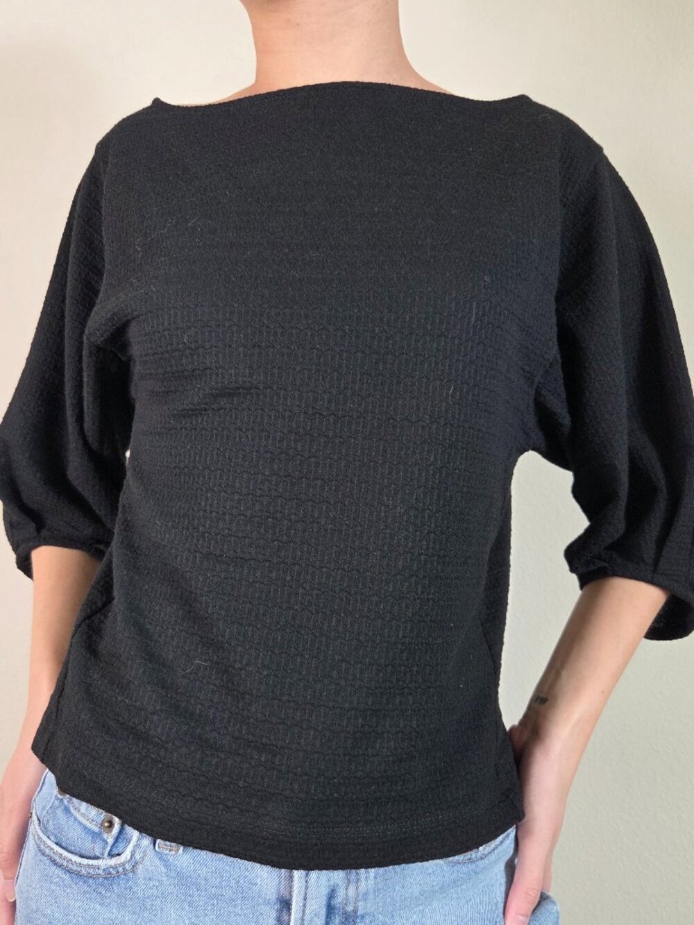 Loft Outlet Boat Neck Black Blouse Puff Sleeves - XS